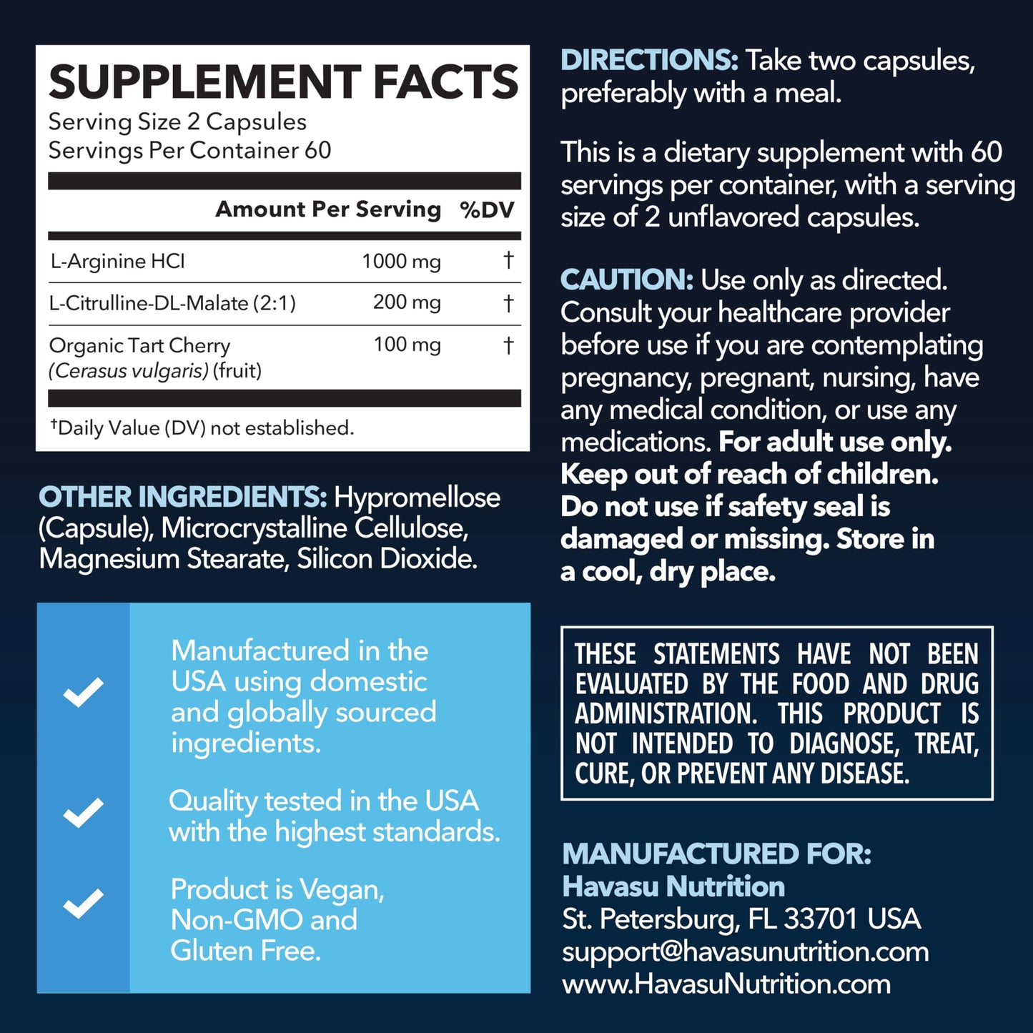 L-Arginine and L-Citrulline for Men, Nitric Oxide Support, 30 Servings | L Arginine 1000mg Capsules with L Citrulline and Tart Cherry, Performance Supplement for Men's Health, Vegan, 60 Count