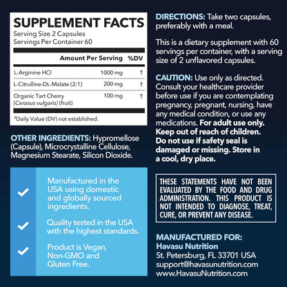 L-Arginine and L-Citrulline for Men, Nitric Oxide Support, 30 Servings | L Arginine 1000mg Capsules with L Citrulline and Tart Cherry, Performance Supplement for Men's Health, Vegan, 60 Count