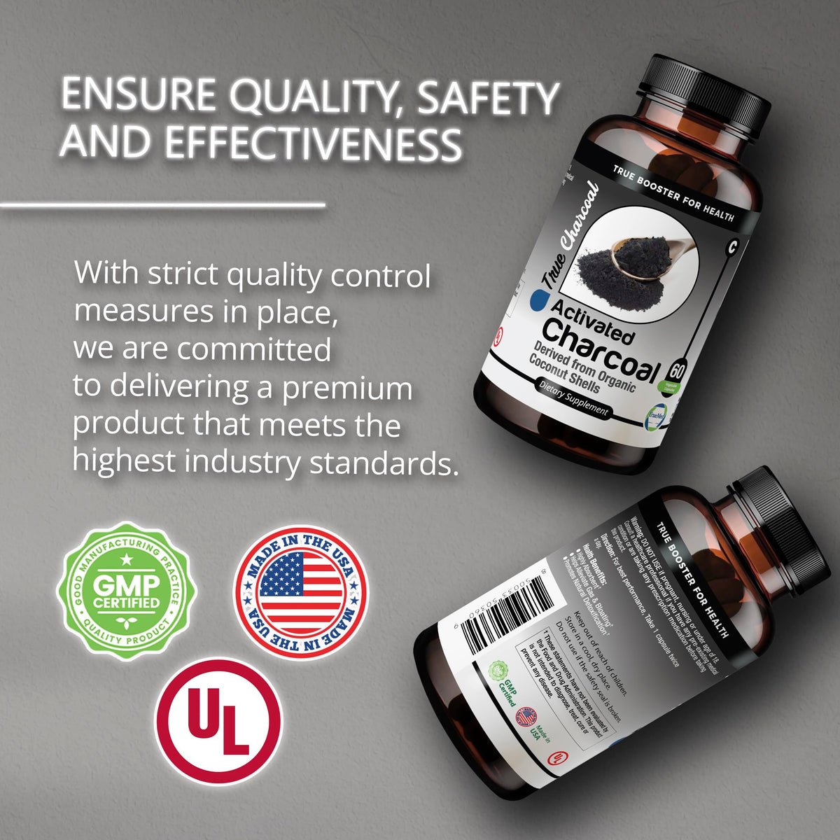 TRUEMED Activated Charcoal - 1200 mg - 60 Capsules - from Organic Coconut Shells