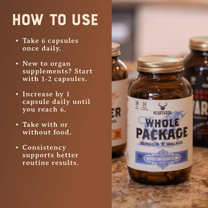 HEART & SOIL Whole Package Supplement, 180 Capsules | 100% grass fed & finished testicle, liver & blood extract for male reproductive wellness, hormonal health & energy output.