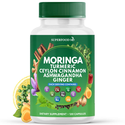 Moringa Supplement | Turmeric, Ginger, Boswellia, Saffron, Holy Basil, Nettle -Support Supplement for Women and Men with Ceylon Cinnamon, Quercetin, Tart Cherry- 240 Capsules