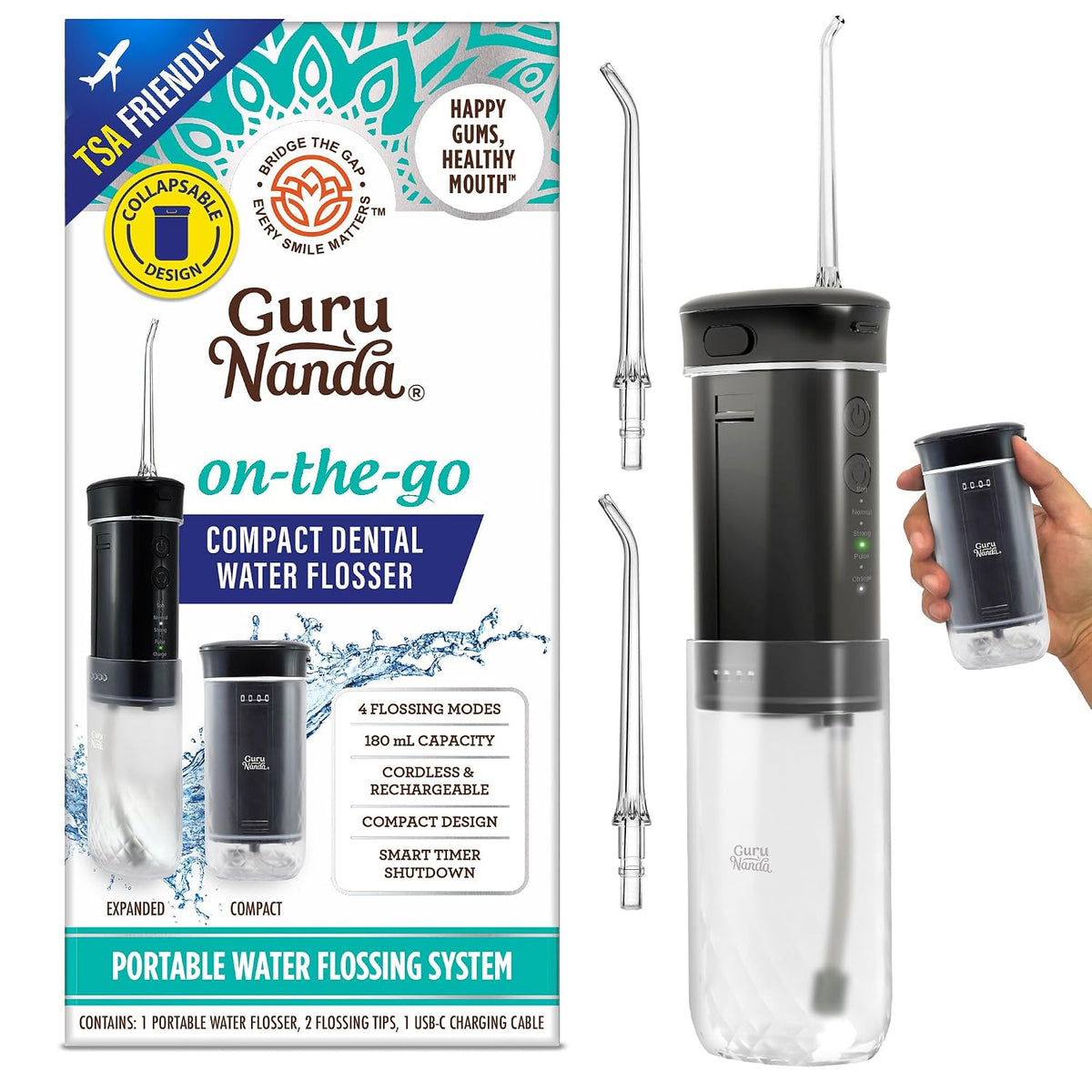 GuruNanda Portable Water Flosser Cordless, Sensitive Gums Friendly, 1ct