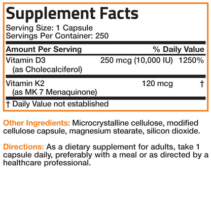 Bronson Vitamin K2 D3 (MK7) Extra Strength D3 & K2 Complex, 120 Capsules | Bone, Immune & Heart Health Support, Gluten Free, Soy Free, Non-GMO, Vitamin D3 10,000IU (250 mcg) & 120 mcg K2 MK-7