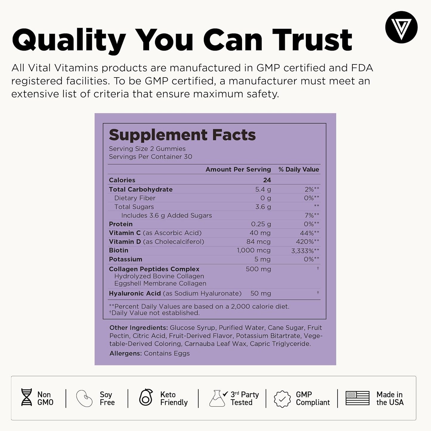 Vital Vitamins Multi Collagen Complex Plus Gummies - Collagen Peptides Types I, III & V with Hyaluronic Acid, Biotin, Vitamin C & Vitamin D - Hair, Skin & Nail Support - Wild Berry - 60 Count