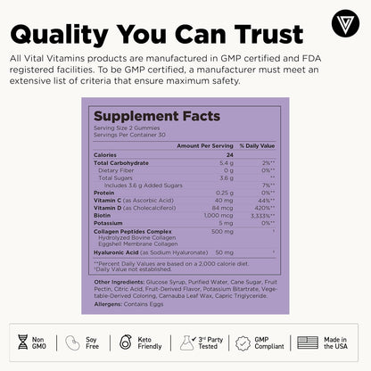 Vital Vitamins Multi Collagen Complex Plus Gummies - Collagen Peptides Types I, III & V with Hyaluronic Acid, Biotin, Vitamin C & Vitamin D - Hair, Skin & Nail Support - Wild Berry - 60 Count