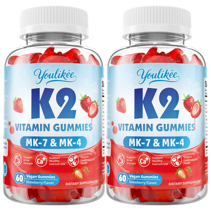 Vitamin K2 Gummies, Dual Formula Vitamin K2 Supplement with MK-7 & MK-4, Supports Bone Health, Gluten-Free, Sugar-Free, Non-GMO, Strawberry Flavor, 60 Gummies