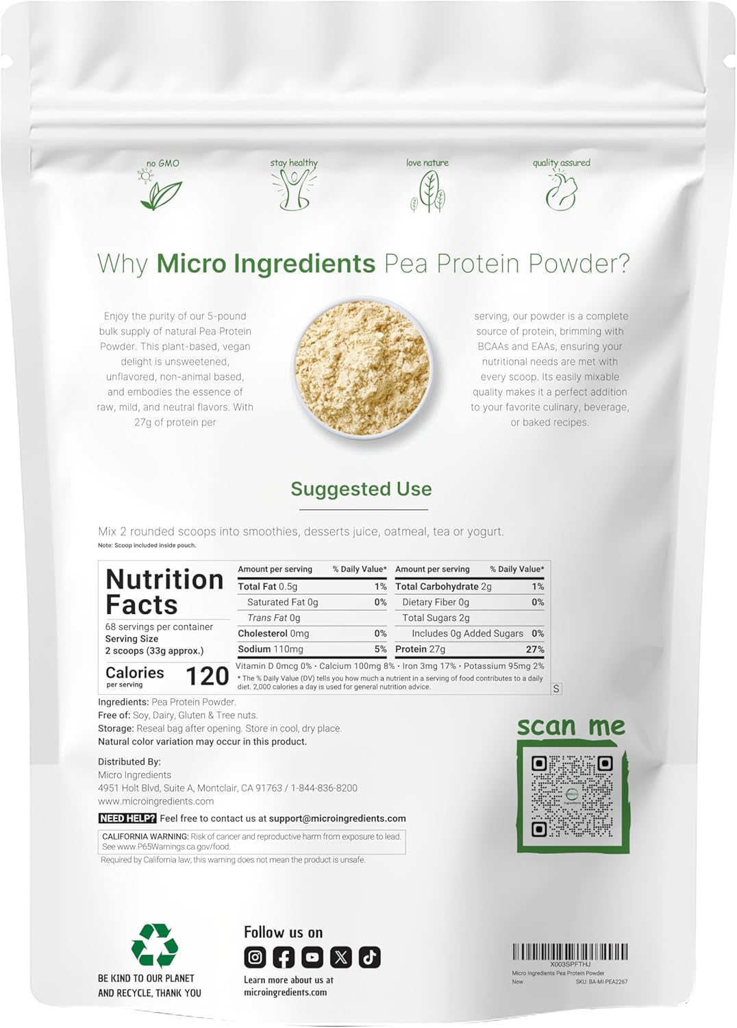 Micro Ingredients North American Grown, Pea Protein Powder, 5 Pounds | Plant Based, Unflavored | Complete Vegan Protein Source with BCAAs & EAAs – 27g Serving | Non-GMO, Keto Friendly