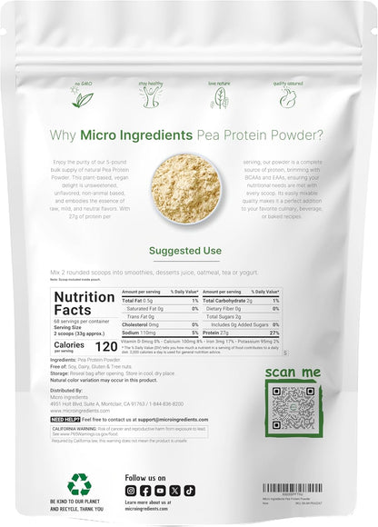 Micro Ingredients North American Grown, Pea Protein Powder, 5 Pounds | Plant Based, Unflavored | Complete Vegan Protein Source with BCAAs & EAAs – 27g Serving | Non-GMO, Keto Friendly