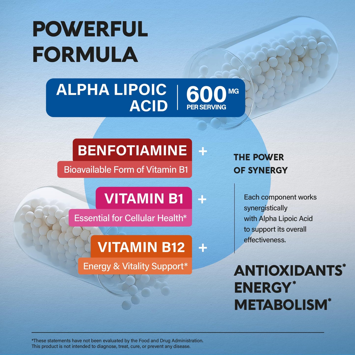 Alpha Lipoic Acid 600mg - ALA Supplement Antioxidant for Nerve, Energy & Metabolism Support - Extra Strength with Benfotiamine, B1 & B12 - Lab Tested, NON-GMO & Vegan - 120 Capsules, 2 Month Supply