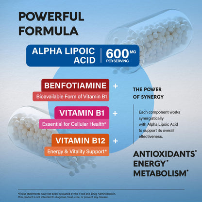 Alpha Lipoic Acid 600mg - ALA Supplement Antioxidant for Nerve, Energy & Metabolism Support - Extra Strength with Benfotiamine, B1 & B12 - Lab Tested, NON-GMO & Vegan - 120 Capsules, 2 Month Supply