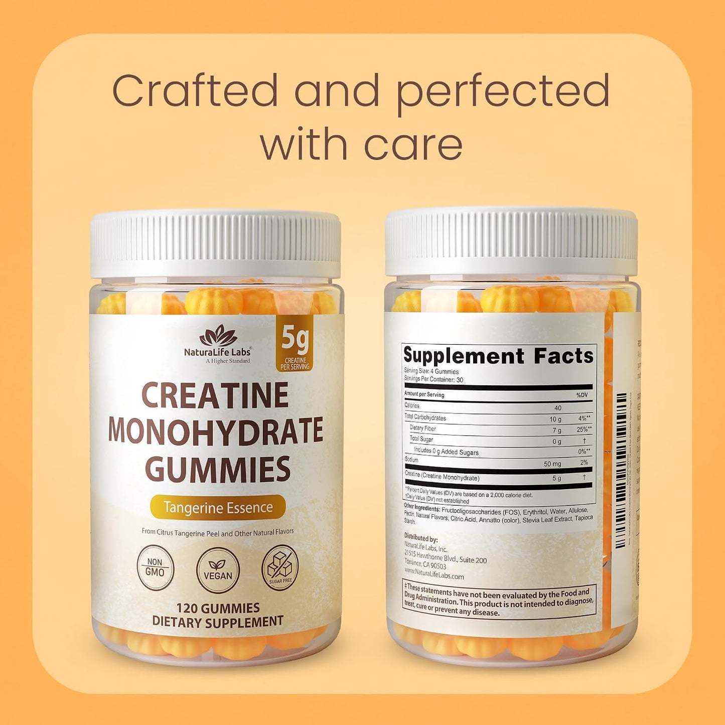 NaturaLife Labs Creatine Monohydrate Gummies - 5g per Serving - Tangerine Flavor - 120 Gummies - Gluten-Free, Non-GMO, Vegan, Sugar Free