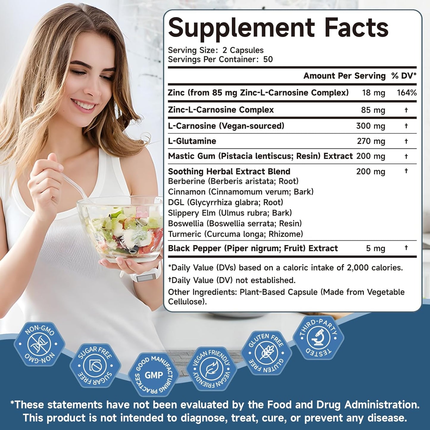 Zinc L Carnosine Complex 85mg, 11-in-1 Digestive & Gut Health Support | Soothing Herbal Extract Blend, L-Glutamine & Mastic Gum, 100 Capsules, Non-GMO, Vegan Supplement