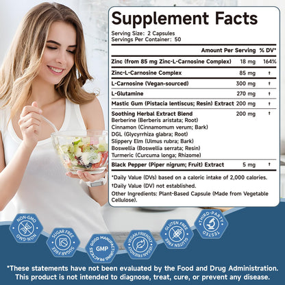 Zinc L Carnosine Complex 85mg, 11-in-1 Digestive & Gut Health Support | Soothing Herbal Extract Blend, L-Glutamine & Mastic Gum, 100 Capsules, Non-GMO, Vegan Supplement