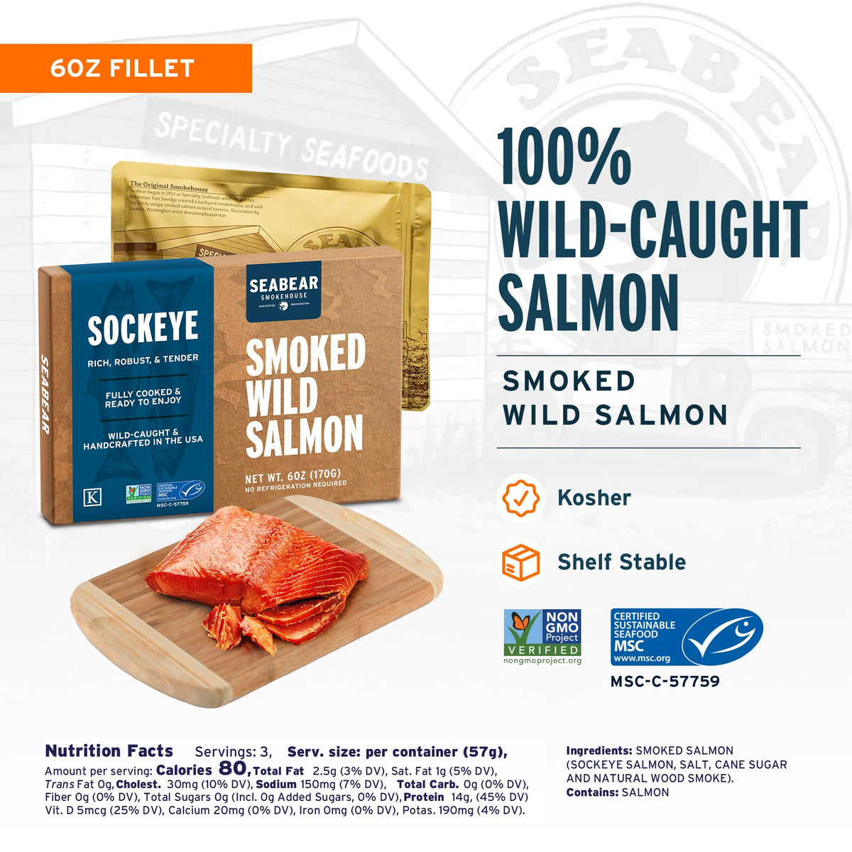 SeaBear Smoked Salmon Trio 18oz (3 x 6oz) Fillets Gift Box – Wild Alaska Sockeye, Wild Pink & Coho Fillets, Shelf Stable, Ready to Eat, 18 Ounce (3 x 6 Ounce) Filets