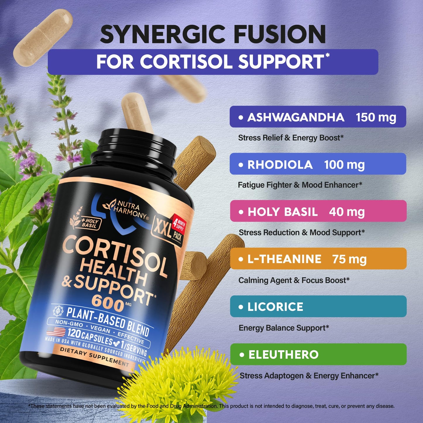 Cortisol Supplement for Women - Holy Basil | Ashwagandha | Rhodiola | L-Theanine - Plant-Based Hormone Balance - Mood, Focus & Sleep Support - Lab Tested - Vegan, Non-GMO - 60 Capsules for 2 Months