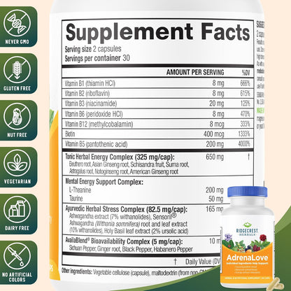 RidgeCrest Herbals AdrenaLove Adrenal Stress and Energy Support 60 Ct | 30 Servings, Vegan Capsules, Ashwagandha Blend, Natural Energy and Mood Support, Adaptogen Formula, Cortisol Balance