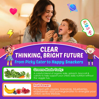 Kids Brain Gummies, Focus Supplement w/Lions Mane Mushroom, Phosphatidylserine, B6, Methyl B12 & B9, Saffron, Brain Vitamins for Focus & Attention, Cognitive, Vision, Energy, Sugar Free, Vegan, 60 Ct