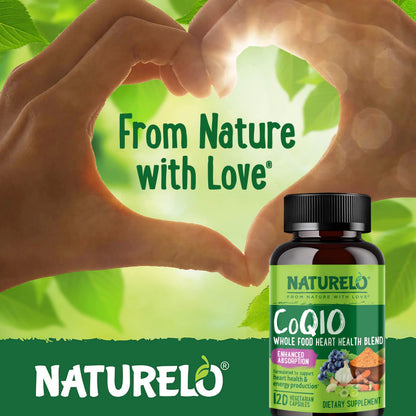 NATURELO Whole Food CoQ10 Supplement, 120 Veg Capsules, Heart Health Blend, Powerful Antioxidant, CoQ10 100mg Supports Energy Production