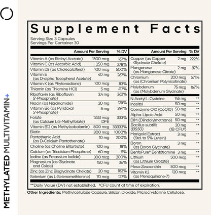 Codeage Methylated Multivitamin Supplement - B-Vitamin, Vitamins A, C, D, E, K2, B12 Methylcobalamin - L-Methylfolate - Magnesium, CoQ10, DIM, Probiotics, Benfotiamine, Lithium, Calcium - 90 Capsules