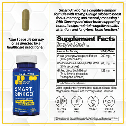 Ginkgo Biloba Supplement w/ Ginseng 200mg & Bacopa Monnieri - 60 Capsules | Brain Supplement for Memory and Focus - Panax Ginseng for Men & Women - Non-GMO & Gluten Free - Natural Stacks
