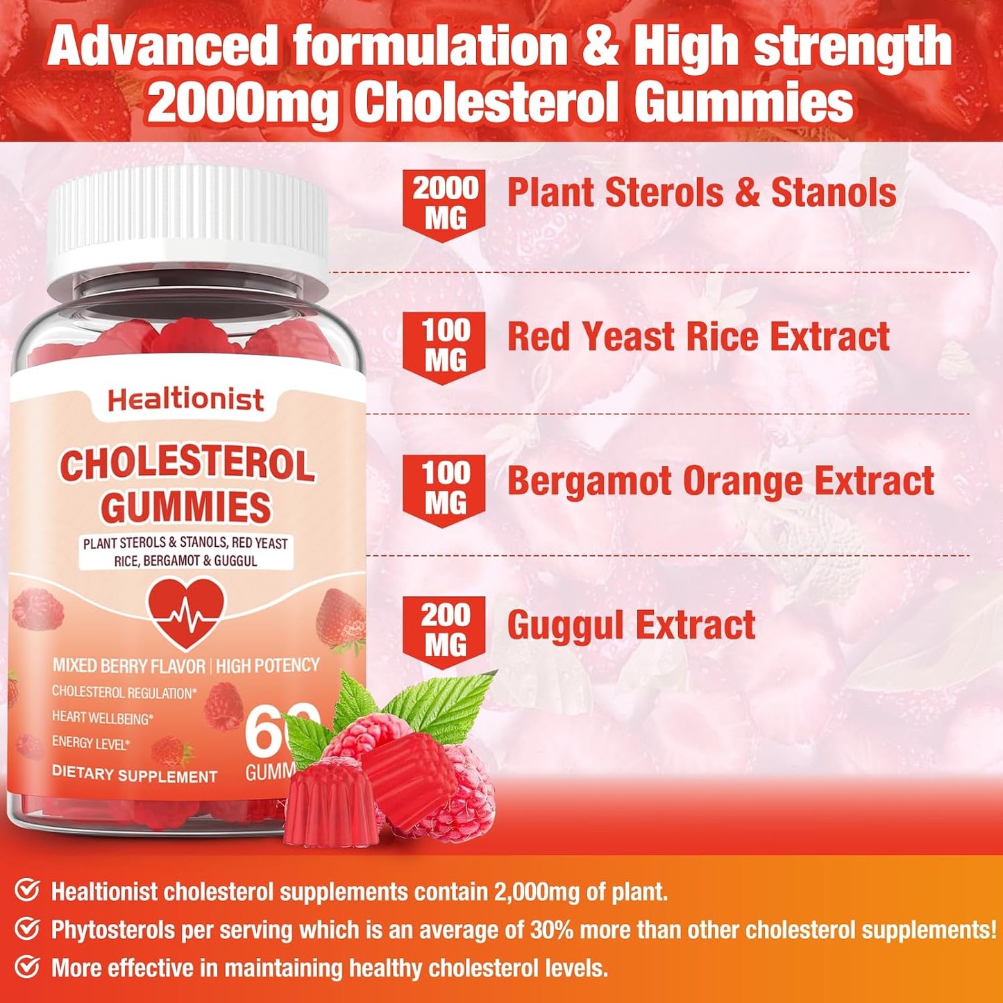 2 Packs Cholesterol Supplements with 2000 Mg Plant Sterols & Stanols, Citrus Bergamot, Red Yeast Rice, Lowering, Mixed Berry Flavor, 120 Counts