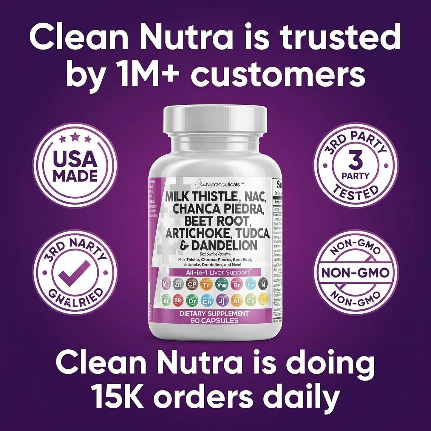 Clean Nutraceuticals Milk Thistle NAC Chanca Piedra Beet Root Artichoke Astragalus Dandelion Root - Liver Cleanse Detox & Repair Supplement Plus TUDCA Choline & Ginger - 1Pack