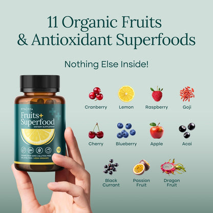 USDA Organic Fruits and Veggies Supplement, 31 Whole Foods, 180 Vegan Ct | Food berry & greens supplements blend for energy, immune & digestive support, vegan, non-GMO, gluten free, third-party tested