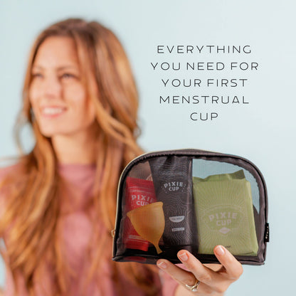 Pixie Cup Menstrual Kit - Best Period Cup Starter Kit - 2 Cups, Wash, 20 Wipes, Lube, Public