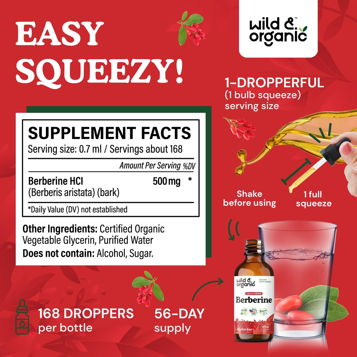 Wild & Organic Berberine Drops - Antioxidant Support - Liquid Berberine HCL 500mg - Add to Tea Supplement - Berberis Aristata Bark Extract - Pure, Vegan, Alcohol & Sugar-Free Tincture - 4 fl oz