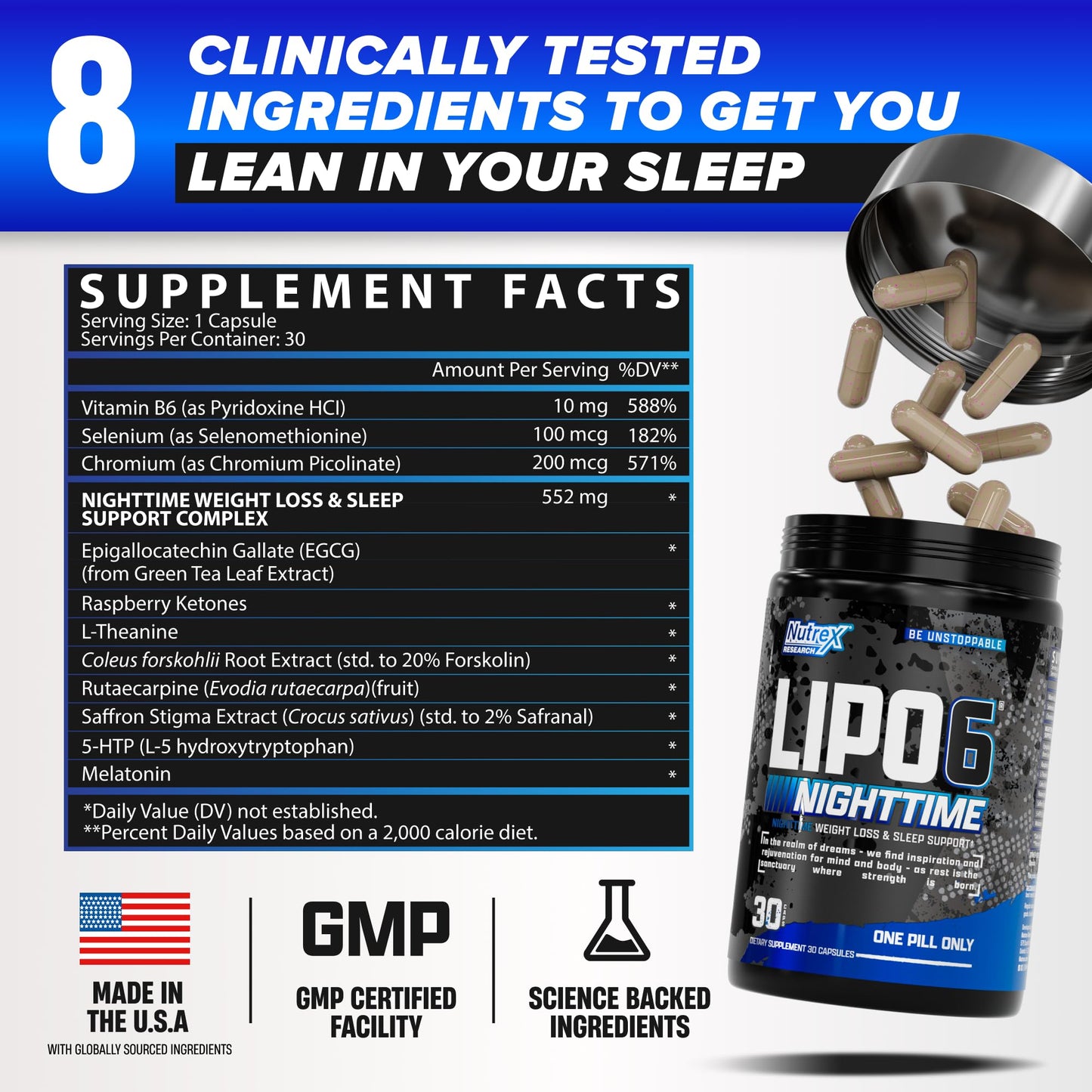 Nutrex Lipo 6 Nighttime Fat Burner | Melatonin Sleep Aid & Weight Loss Diet Pills for Men and Women | Night Time Metabolism Booster Appetite Suppressant | 30 Servings (1)