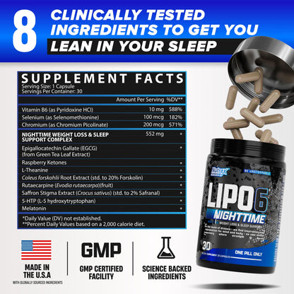 Nutrex Lipo 6 Nighttime Fat Burner | Melatonin Sleep Aid & Weight Loss Diet Pills for Men and Women | Night Time Metabolism Booster Appetite Suppressant | 30 Servings (1)