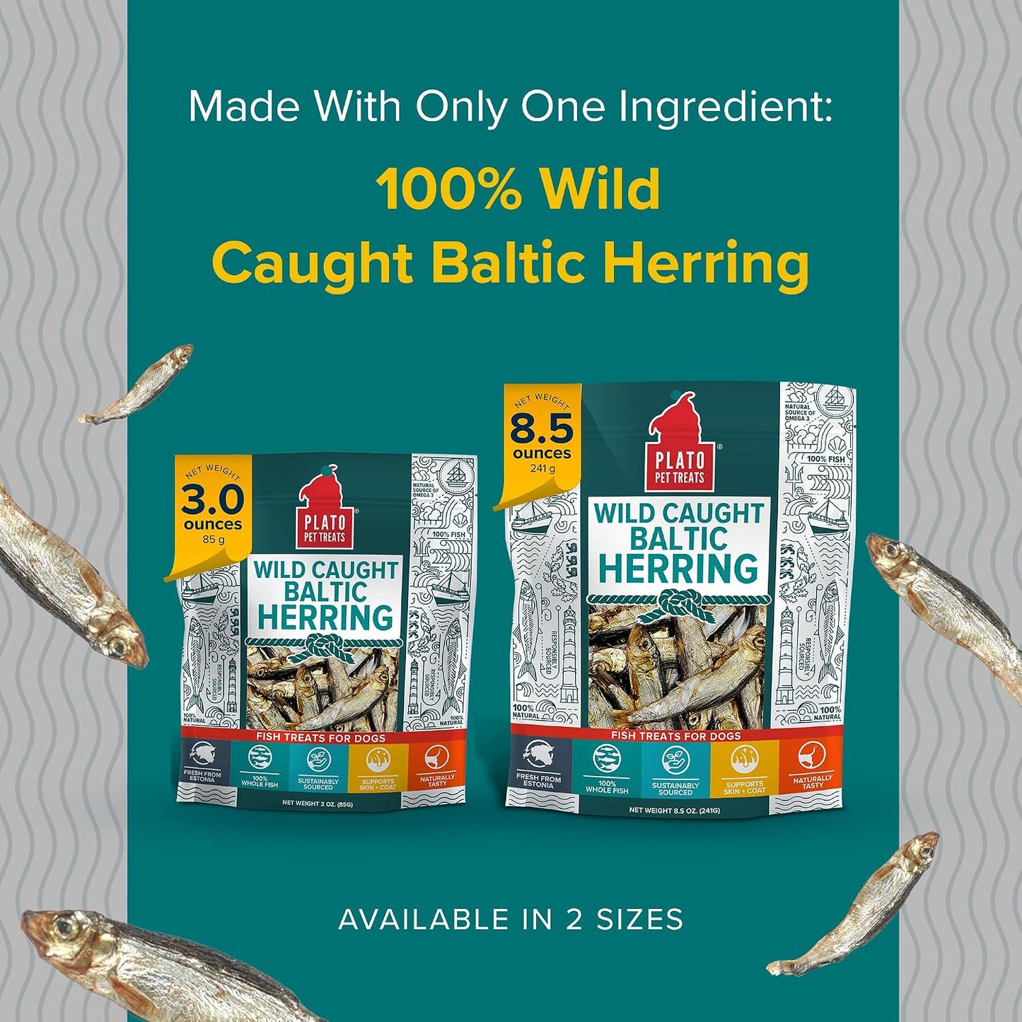 Plato Pet Treats Fish Dog Treats - Air-Dried, Single Ingredient Pet Treat - Omega 3 & 6 Fatty Acids to Support Skin and Coat - 100% Whole Fish - Wild Caught Baltic Herring - 3oz - 2 Pack