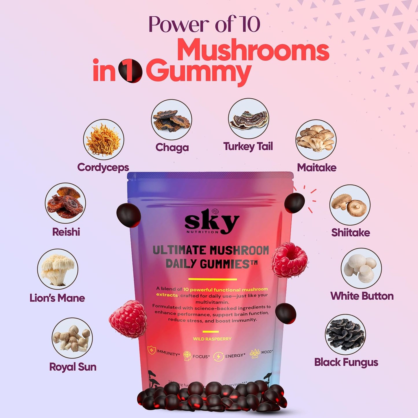 Mushroom Gummies - 10-in-1 Advanced Complex w/Lions Mane, Reishi, Cordyceps, Turkey Tail - Focus & Brain Support - Raspberry Flavored 60 Vegan Lions Mane Mushroom Gummies for Adults