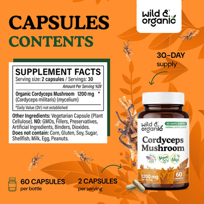 Wild & Organic Cordyceps Mushroom Tincture - Energy & Immune Support - Cordyceps Sinensis Extract Supplement - Liquid Mushroom Drops - Add to Tea & Mix with Powder - Sugar & Alcohol-Free - 4 fl oz