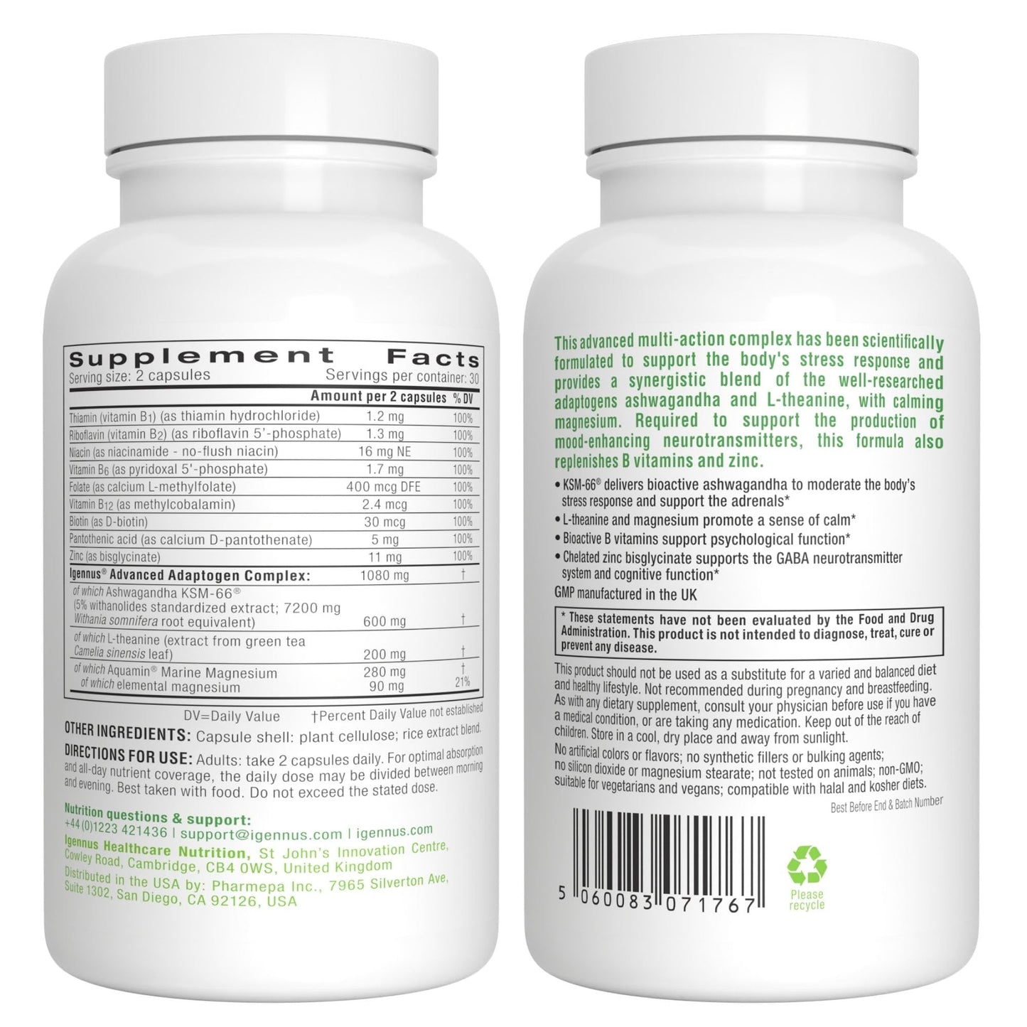 Igennus High Strength Ashwagandha KSM 66, Magnesium, & L-Theanine 3 in 1 Stress, Calm and Replenishment Complex, Clean Label, 60 Fast Acting Capsules | 3 in 1 Stress, Calm and Replenishment Complex, Clean Label, Fast Acting, 60 Capsules