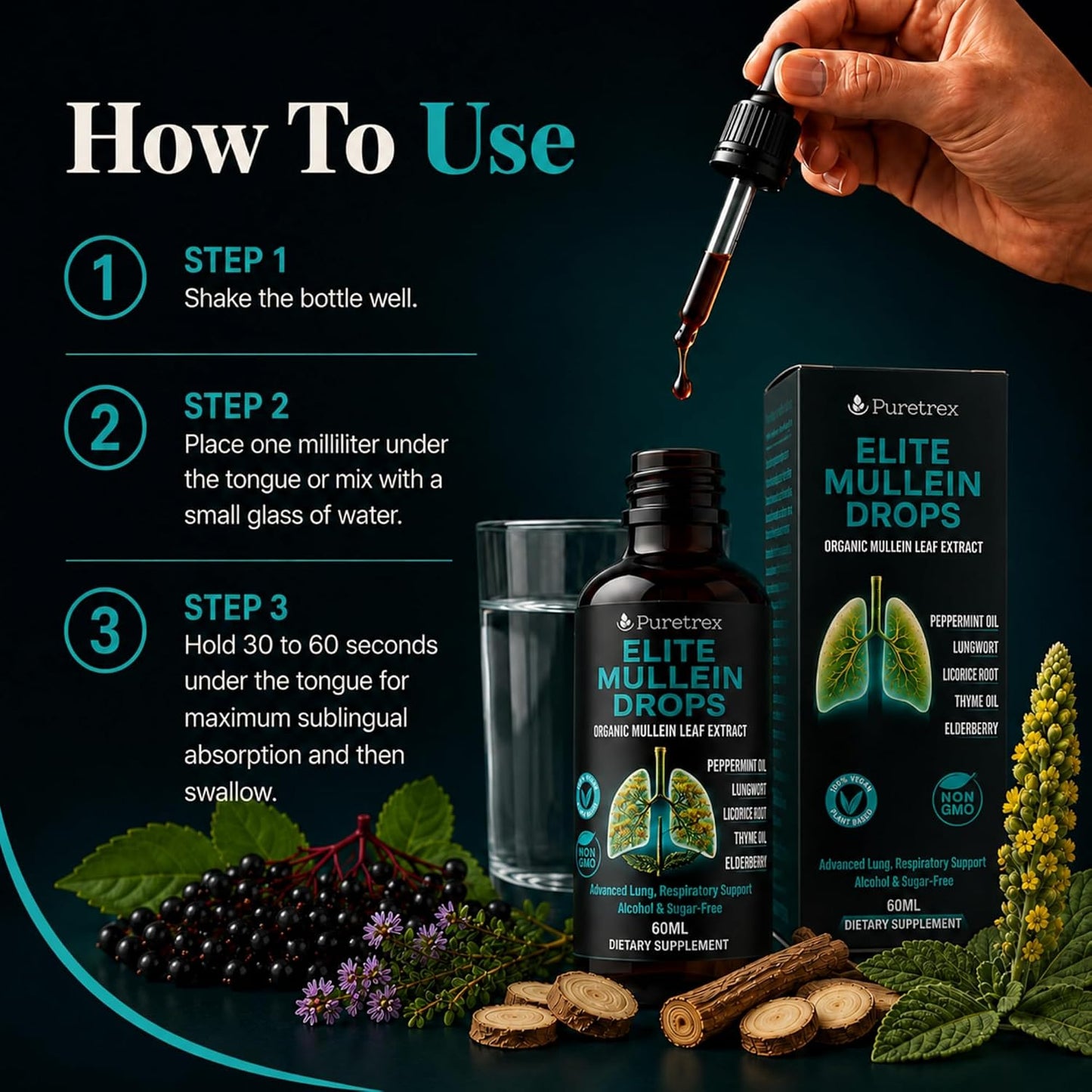 Elite Mullein Drops for Lungs, Respiratory Support, Organic Leaf Extract Liquid, Lungwort, Licorice Root, Thyme, Elderberry, Peppermint Oil, Vegan, Alcohol & Sugar-Free, 60mL