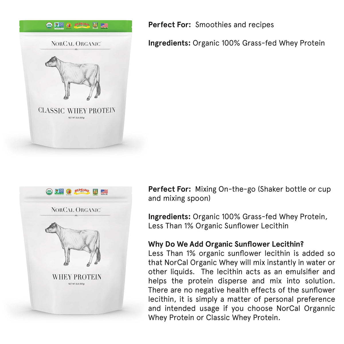 NorCal Organic Unflavored Whey Protein - 2lbs Bulk | 100% Grass-Fed, USDA Certified