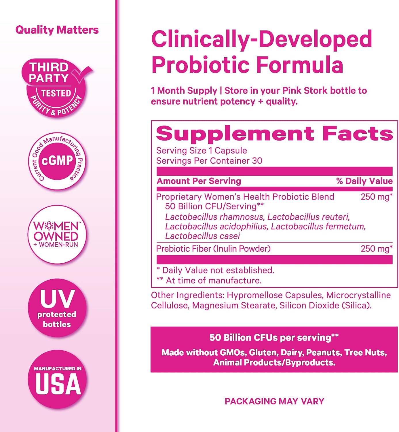 Pink Stork Women's Probiotic, 50 Billion CFU | Clinically Studied Strains | Vaginal, Gut, Urinary + Hormone Support | pH Balance, Yeast & Odor | Probiotic Prebiotic Blend | 30 Vegan Capsules