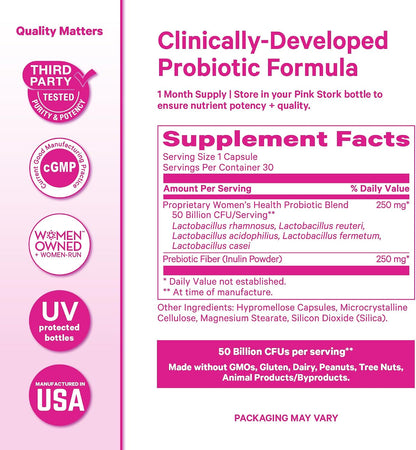 Pink Stork Women's Probiotic, 50 Billion CFU | Clinically Studied Strains | Vaginal, Gut, Urinary + Hormone Support | pH Balance, Yeast & Odor | Probiotic Prebiotic Blend | 30 Vegan Capsules