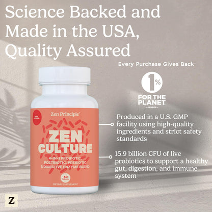 Zen Principle Zenculture™ – 4-in-1 Synbiotic Supplement (Probiotic + Prebiotic + Postbiotic + Digestive Enzymes) with CoreBiome®. Anti Bloating, Immune & Brain-Gut Health. 60 Capsules