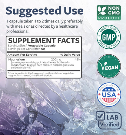 High Absorption Magnesium Bisglycinate Capsules - Clinically Validated Buffered and Chelated Magnesium Supplement - 1 Daily Vegan Capsule with Lab Verified Gentle 200mg Serving (4 Month Supply)