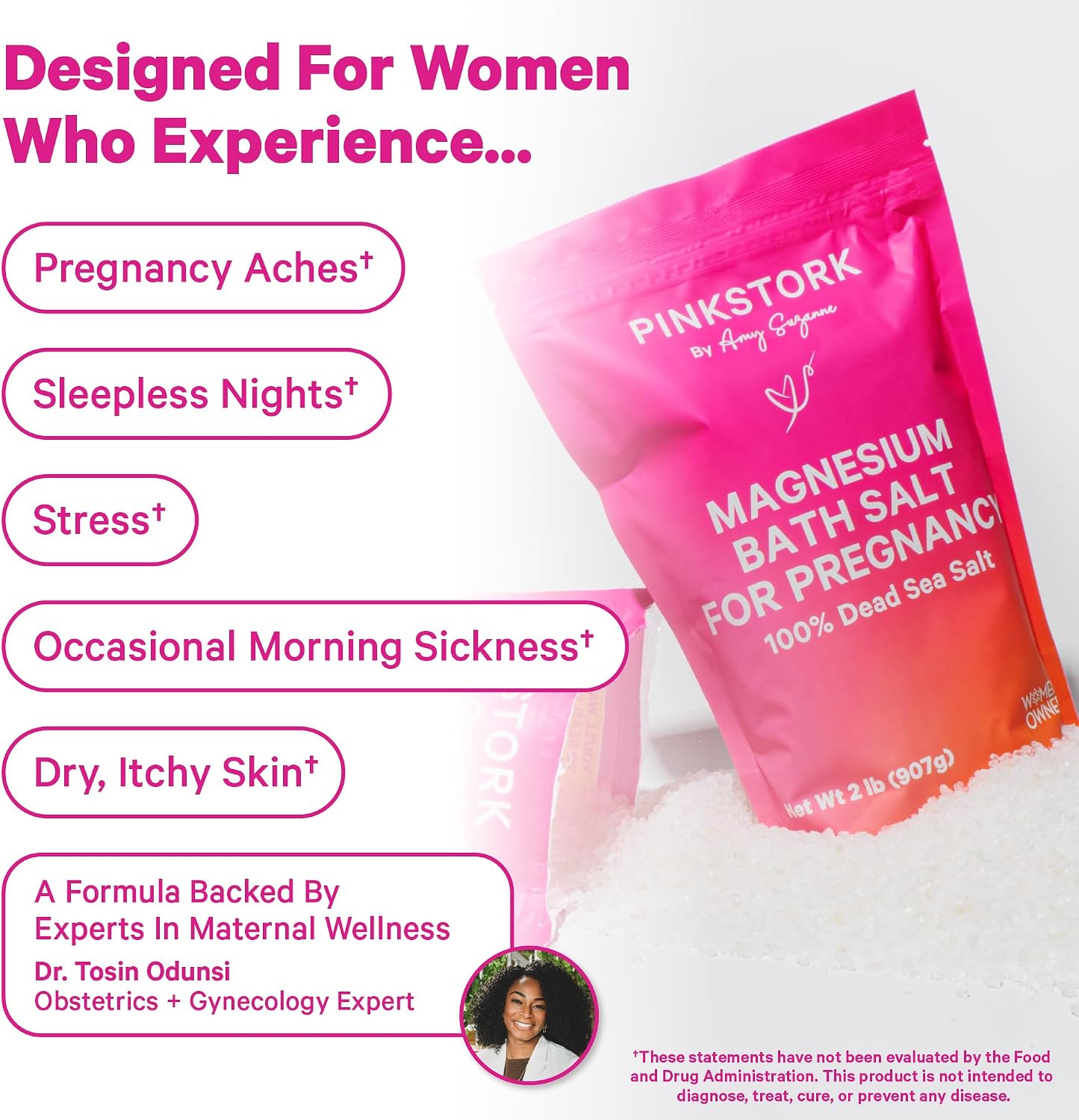 Pink Stork Pregnancy Bath Soak with Pure Magnesium Flakes, Unscented, 2 lb | 100% Dead Sea Salt, Support Pregnancy Comfort, Ease Feelings of Stress, Clean, Fragrance-Free