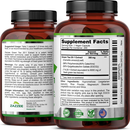 Zazzee Extra Strength Green Tea 20:1 Extract, 50% EGCG, 98% Polyphenols, 80% Catechins, 150 Vegan Capsules, 5 Month Supply, Certified Kosher, Antioxidant & Metabolism Support, Non-GMO, Made in the USA