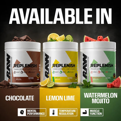 RAW Replenish, Premium Electrolytes Powder Recovery Formula, Lemon Lime (60 Servings) - Flavored Electrolyte Drink Mix Supplement for Hydration, Replenishment, Endurance & Performance Workouts