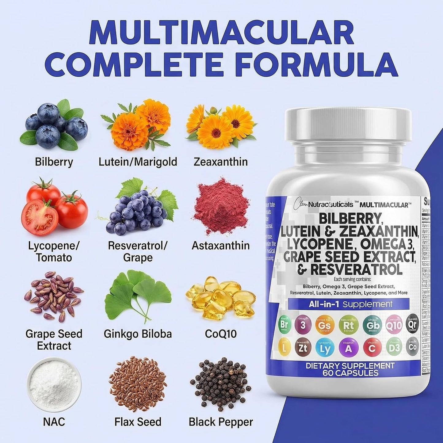 Clean Nutra Eye Vitamins with Bilberry Lutein and Zeaxanthin Supplements Lycopene 40mg Resveratrol Grape Seed Astaxanthin for Eyes - Eye Care Health Support Eye Vitamin and Mineral Supplement