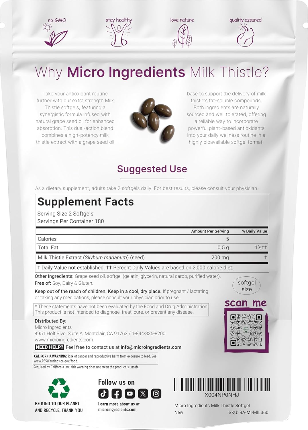 Micro Ingredients Milk Thistle Supplement | 360 Softgels with Grape Seed Oil | Highly Bioavailable Extract | Contains Active Silymarin + Antioxidants