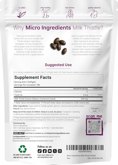 Micro Ingredients Milk Thistle Supplement | 360 Softgels with Grape Seed Oil | Highly Bioavailable Extract | Contains Active Silymarin + Antioxidants