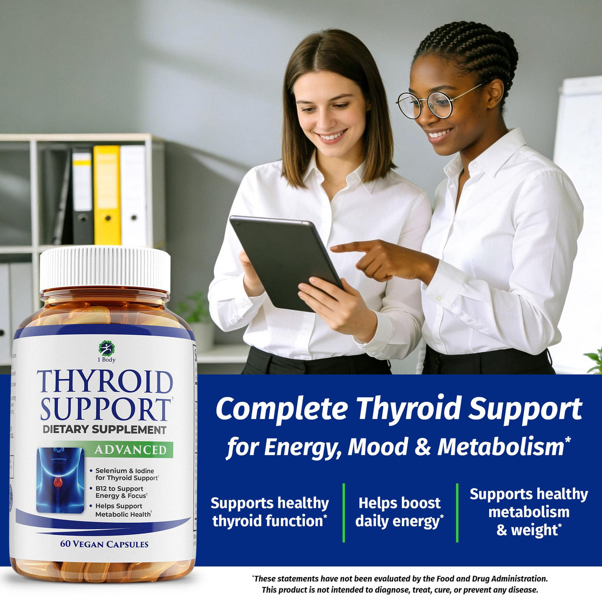1 Body Thyroid Support for Women & Men, Iodine & Selenium Supplement