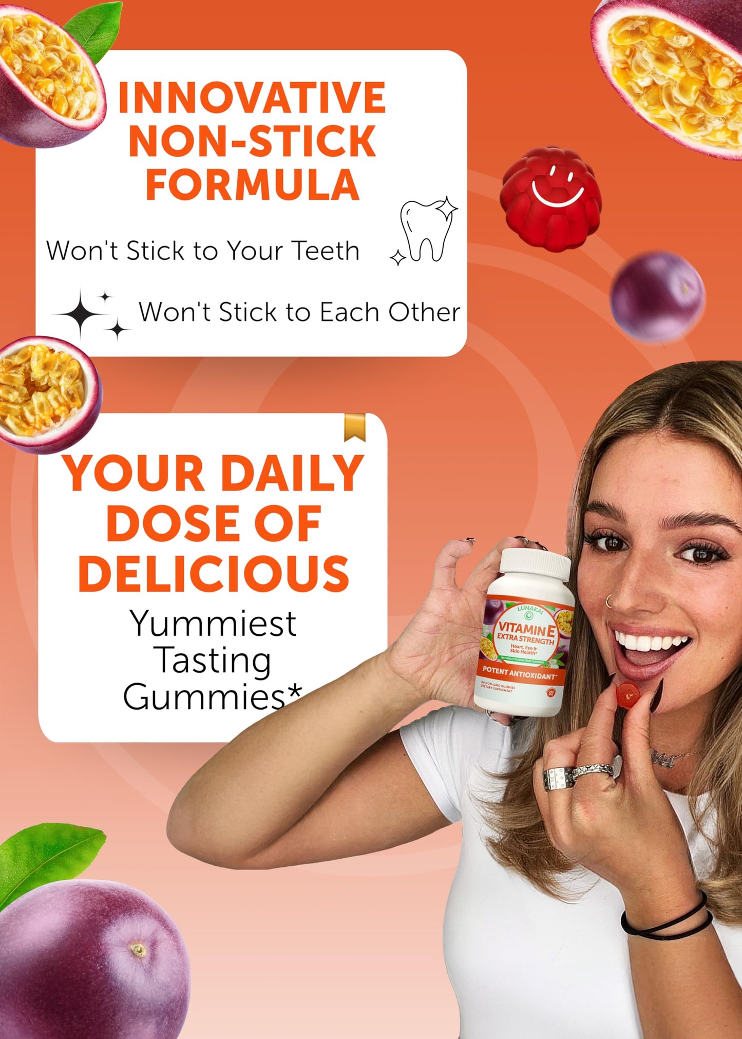 Lunakai USA Made Vitamin E 400 IU Gummies with Vitamin C 50mg, for Eye, Immune & Skin Support - d-Alpha-Tocopherol for Adults, Women & Men, Non-GMO Vegan, 60 Daily VIT E Gummies