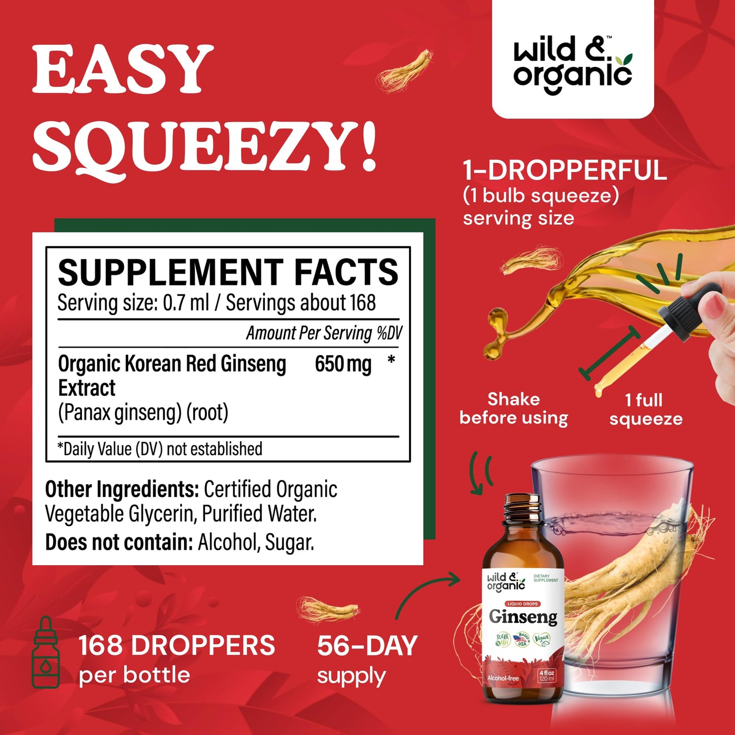 Wild & Organic Korean Panax Ginseng Extract Liquid Drops - Immune & Energy Support - Red Ginseng Root Supplement - Easy to Add to Tea - Vegan, Sugar & Alcohol-Free Tincture - 4 fl oz